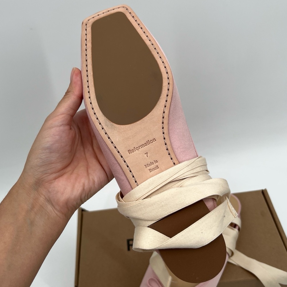 Reformation Pink Ballet Slip-On Ribbon Megan Powder Pink Lace Up Ballet Flats 7 - Picture 7 of 7